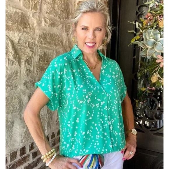 CAbi #6082 The Replay Top, S/S Floral Green, S - Picture 1 of 7